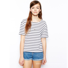 New Arrvial Senhoras Verão Short Sleeve Crew Preto T-shirt Stripe Branco para Mulheres